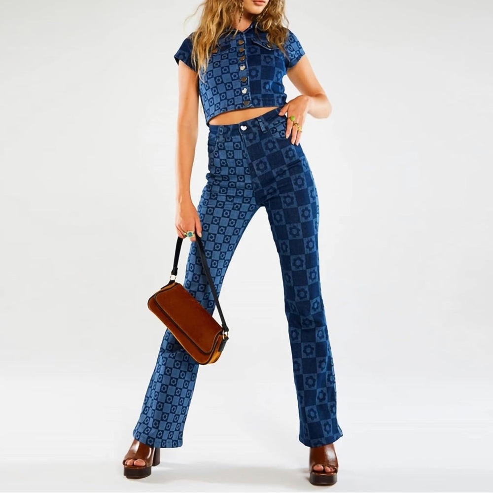 Jaded London High Rise Retro Floral Checkerboard Skinny Flare Jeans